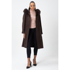 Tilki Kürklü İtalyan Moher Kaşmir Yün Kumaş Gusto Rahat Kalıp Oversize Kaban - TK01 Vizon Kahve