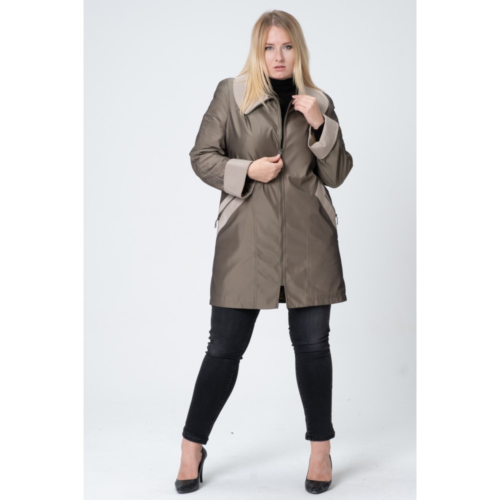 Plus Size - Büyük Beden Trençkot - Diz Üstü Saten Astarlı, Fermuarlı, Cepli Oversize Yeşil Curve Yağmurluk