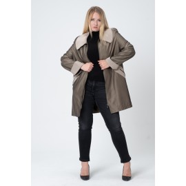 Plus Size - Büyük Beden Trençkot - Diz Üstü Saten Astarlı, Fermuarlı, Cepli Oversize Yeşil Curve Yağmurluk