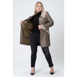 Plus Size - Büyük Beden Trençkot - Diz Üstü Saten Astarlı, Fermuarlı, Cepli Oversize Yeşil Curve Yağmurluk
