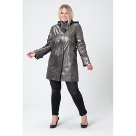 Plus Size - Büyük Beden Trençkot - Diz Üstü Saten Astarlı, Kapüşonlu, Cepli, Curve Oversize Antrasit Gri Yağmurluk