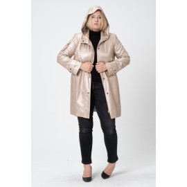 Plus Size - Büyük Beden Trençkot - Diz Üstü Saten Astarlı, Kapüşonlu, Cepli, Curve Oversize Bej - Krem Yağmurluk