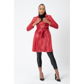 Twist Trençkot - Bebe Yaka - Bel Büzgülü - Kemerli - Saten Astarlı Yağmurluk - Y098-404 Kırmızı