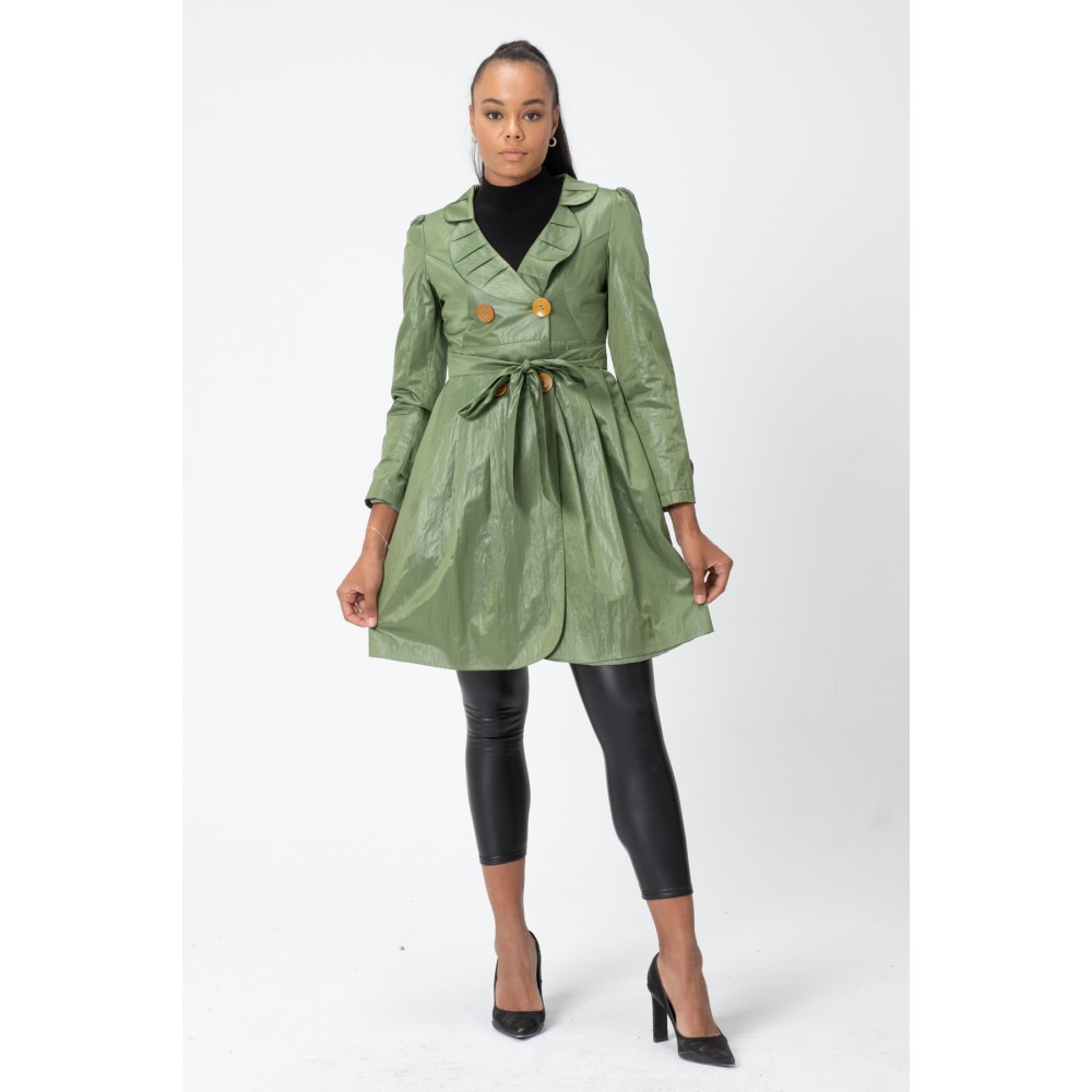 Twist Trençkot - Bebe Yaka - Bel Büzgülü - Kemerli - Saten Astarlı Yağmurluk - Y098-404 Yeşil