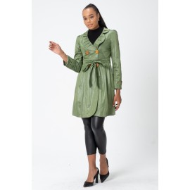 Twist Trençkot - Bebe Yaka - Bel Büzgülü - Kemerli - Saten Astarlı Yağmurluk - Y098-404 Yeşil