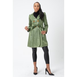 Twist Trençkot - Bebe Yaka - Bel Büzgülü - Kemerli - Saten Astarlı Yağmurluk - Y098-404 Yeşil