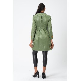 Twist Trençkot - Bebe Yaka - Bel Büzgülü - Kemerli - Saten Astarlı Yağmurluk - Y098-404 Yeşil