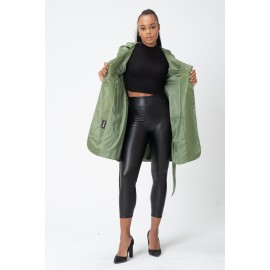 Twist Trençkot - Bebe Yaka - Bel Büzgülü - Kemerli - Saten Astarlı Yağmurluk - Y098-404 Yeşil