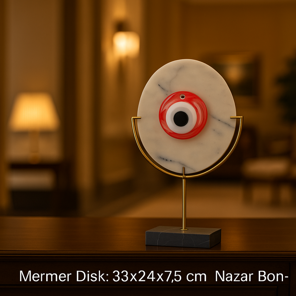 Kırmızı Nazar Boncuğu El Yapımı Mermer Disk Obje