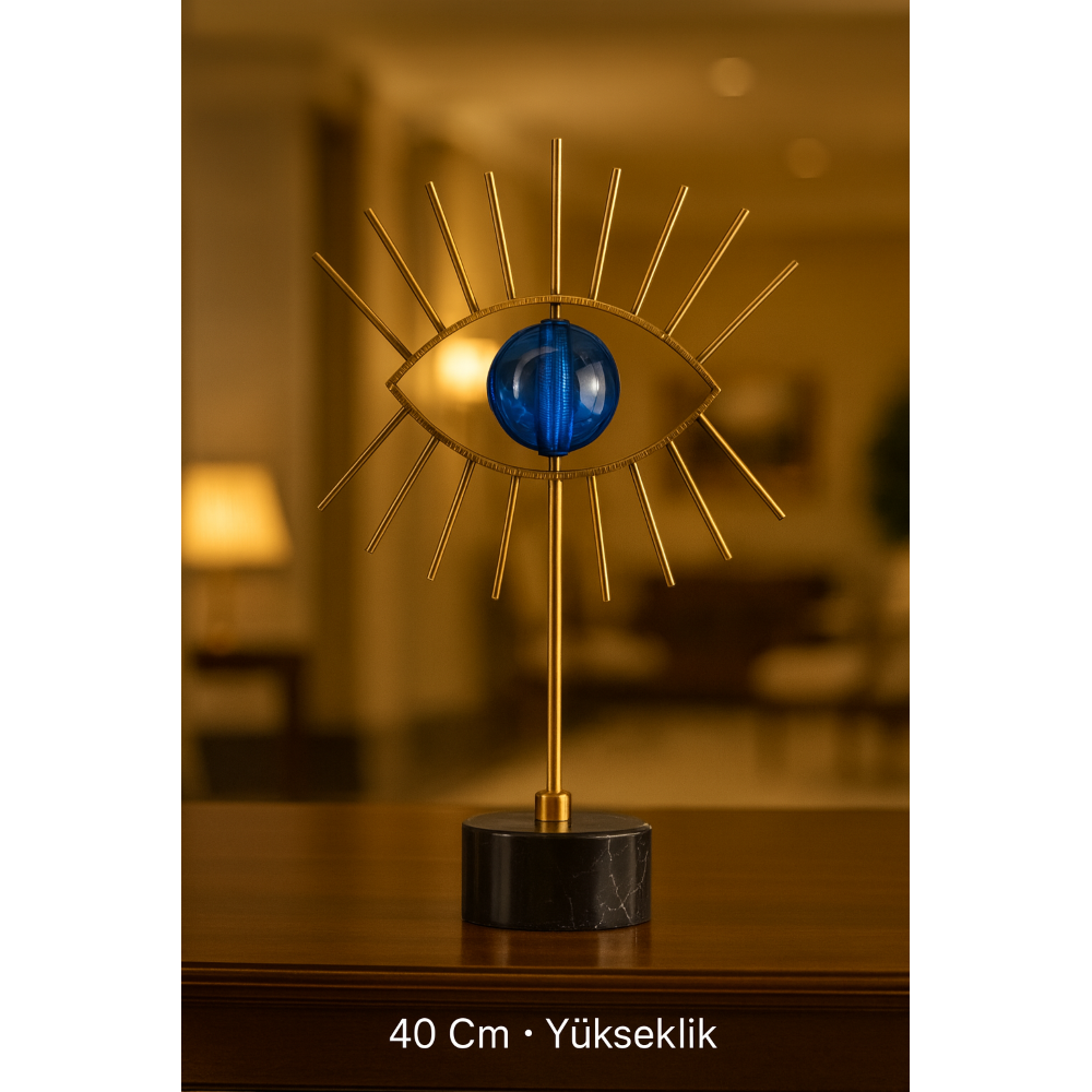 Mavi Göz Obje - Dekoratif Pirinç Kaide - Masa & Sehpa Üzeri Obje  - 40 Cm 
