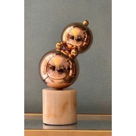 Pirinç Balon Obje - 2 Balonlu Kırma Beyaz Mermer Kaideli Decor Obje - Dekoratif Aksesuar