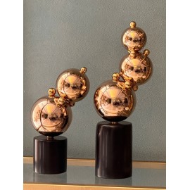 Pirinç Balon Obje Büyük Boy Siyah Kaideli - 2 Balonlu Mermer Kaideli Decor Obje - Dekoratif Aksesuar